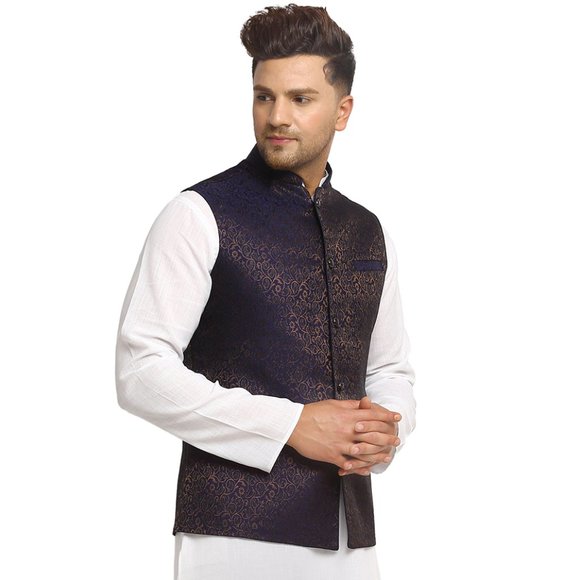 Sleeveless Traditional Brocade Silk Fabric Navy Blue Nehru Jacket by Treemoda - Picture 2 of 5